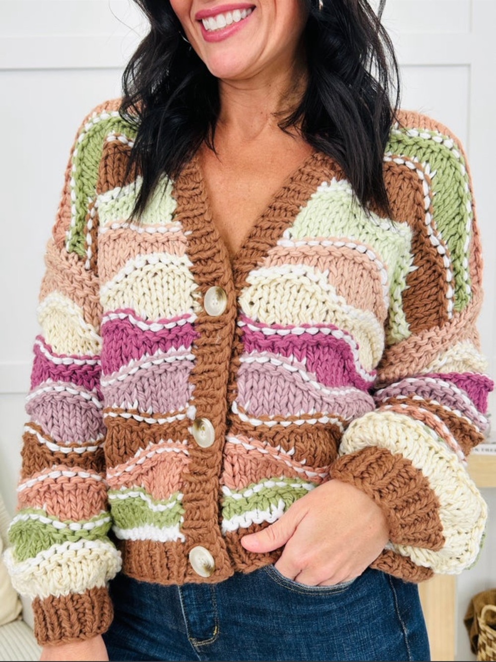 139 Woven Daydreams Chunky Knit Stripe Cardigan - Brown, Cream, Pink, Green
